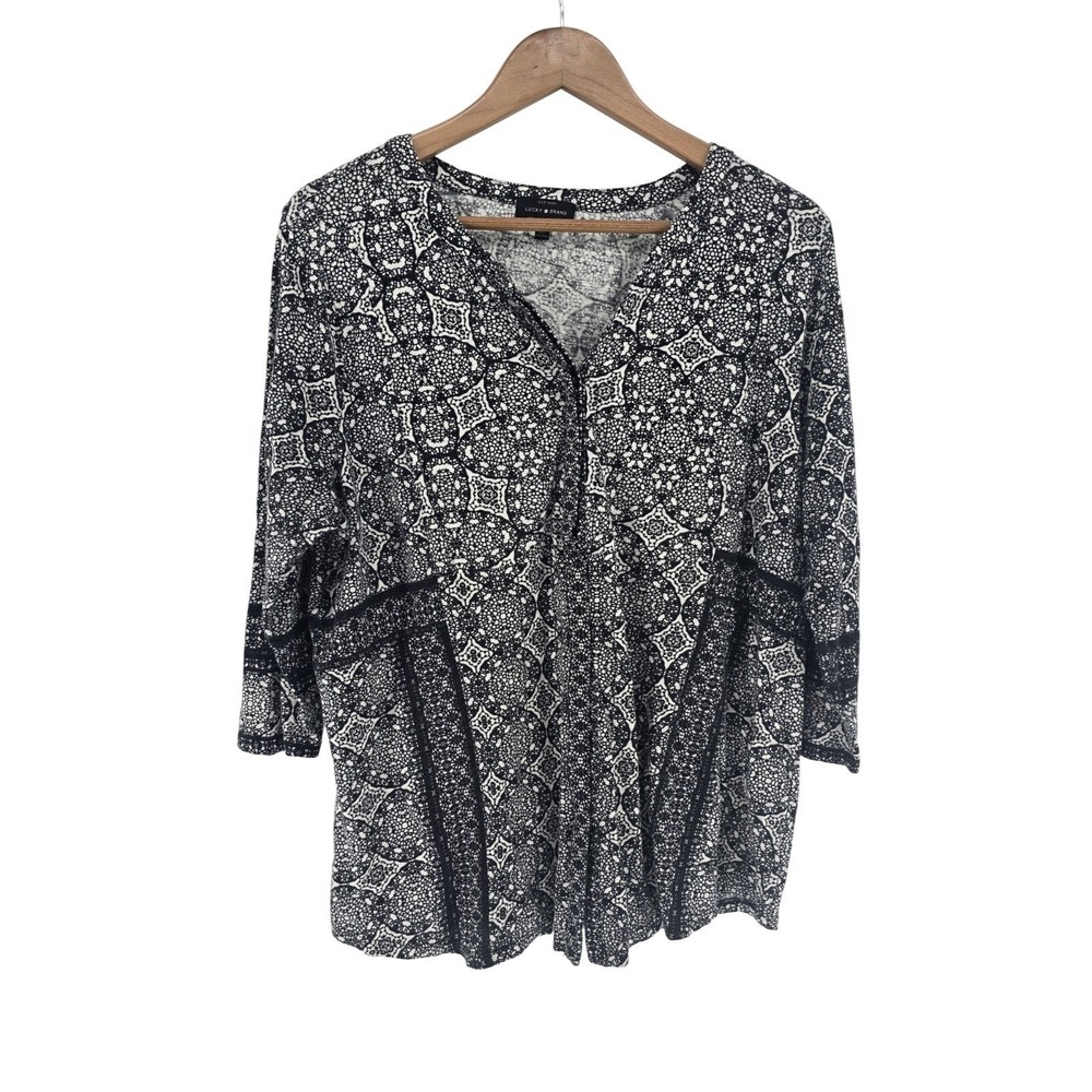 Lucky Brand Top Womens 1X Boho Medallion Black White Lace Trim EUC